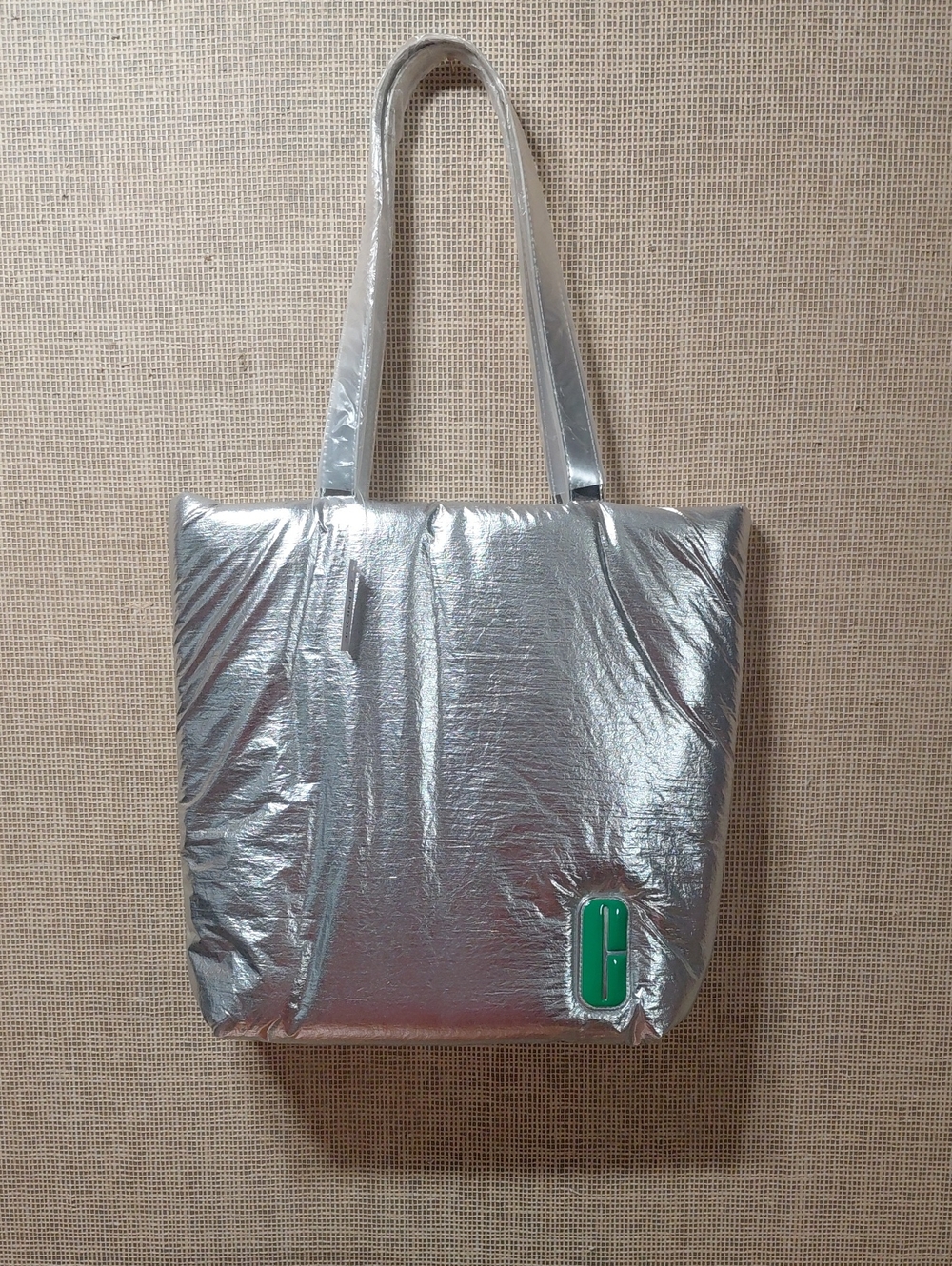 Clinique Metallic Silver Tote with Green Accent Tab